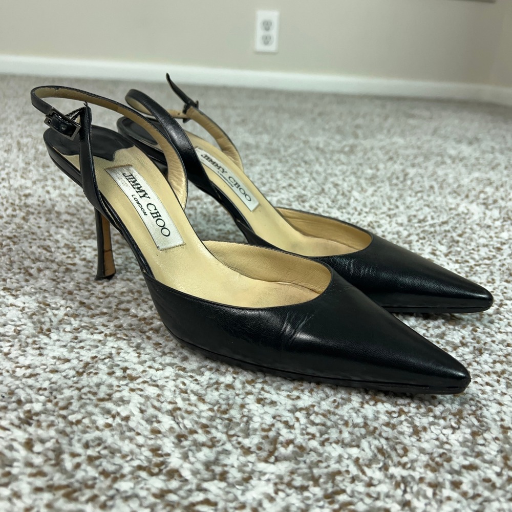 Jimmy Choo Heels Women 38 7.5 Black Leather Formal Slingback Pointed Toe Pumps